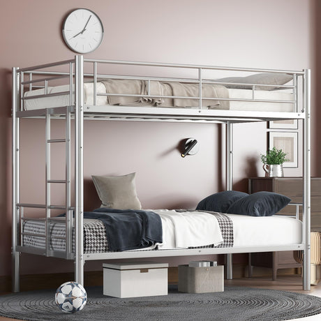Bellemave Bunk Bed Twin Over Twin, Twin Bunk Beds with High Guardrail and Build in Ladder, Kids Bunk Beds with Slats, No Box Spring Needed, Grey Silver Bellemave