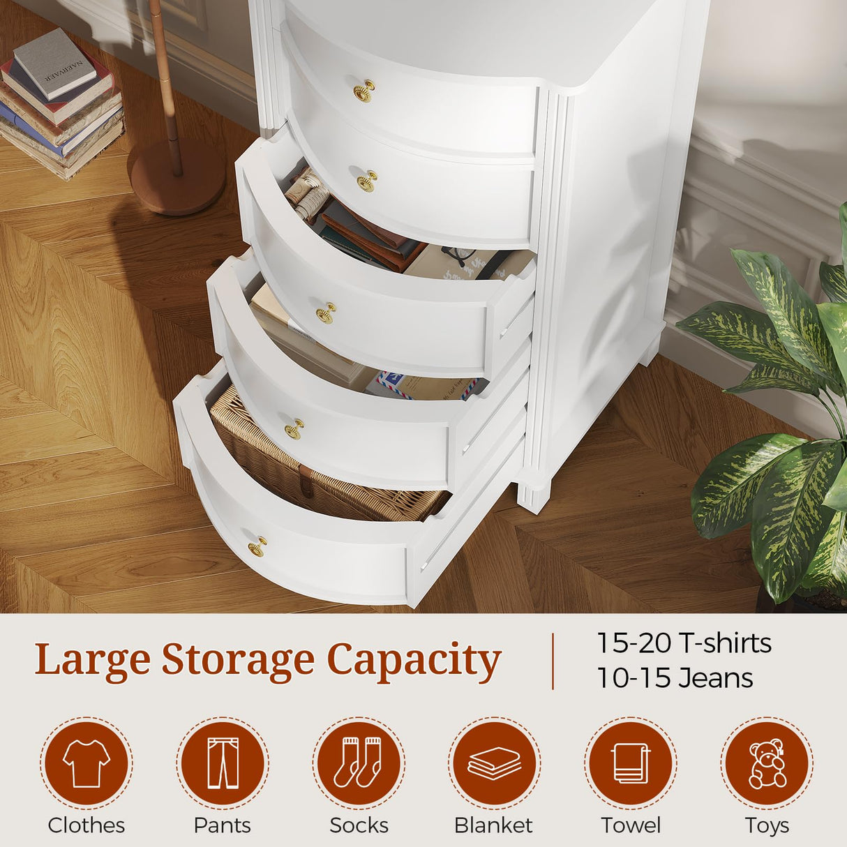 UPOSOJA AuraCurve Tall 5-Drawer Chest, Elegant Dresser with Five Arc Fronts, Roman Column Decor, Slim Floor Standing Storage Cabinet, 48.6x23.6x15.7 Inches(White, 5 Drawer) UPOSOJA