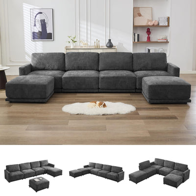 CACFTII 143.8" Modular Sectional Sofa Modern Chenille U-Shaped Couch with Thickened Seat Cushions, Easy Assembly, Upholstered 6 Seater Couch with 2 Movable Ottomans for Living Room, Grey