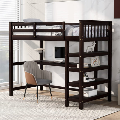 Twin Size Loft Bed with Desk & 4-Storage Shelves, Wood Loft Bed Frame with Safety Guard Rail and Under-Bed Desk, Noise Free, No Box Spring Needed, Espresso Bellemave