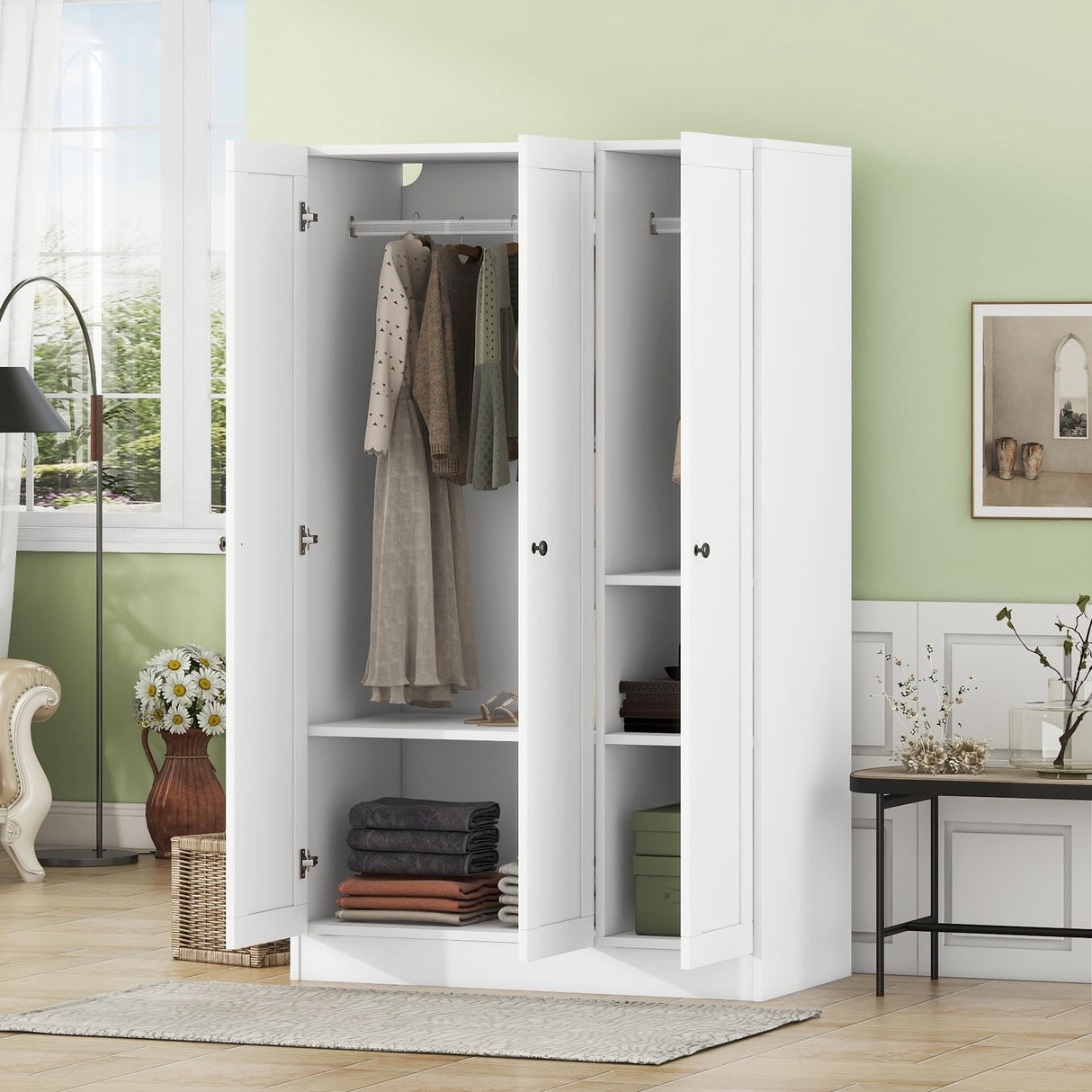 3 Door Wardrobe Armoire Closet with Shutter Doors Freestanding Wardrobe Cabinet with Shelevs and Hanging Rod Clothes, Cabinet Organizer, 21.1"D x 41.4"W x 66.9"H (White) Bellemave