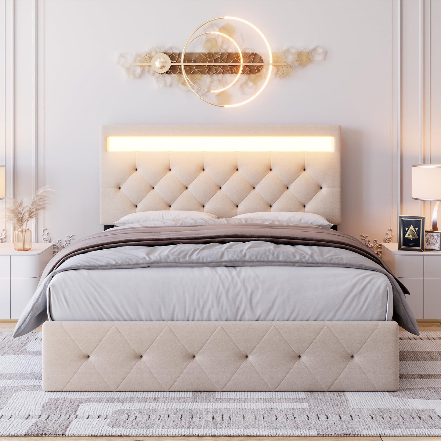 GarveeHome Full Size Upholstered Bed Frame with RGB LED Lights and Charging Station - WoodArtSupply