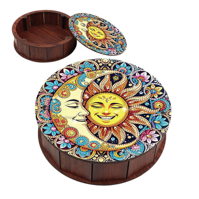 antor Sun & Moon Diamond Painting Storage Box, Round Wooden DIY 5D Crystal Diamond Art Desktop Ornament Organizer, Handmade Jewelry or Money Storage Box, Home Office Decor Crafts Gifts