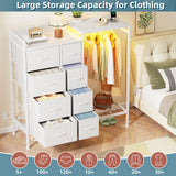 HIGDBFE 8-Drawer Dresser with Hanging Rack, Fabric Dresser with Charging Station & LED Lights, 42" W Dressers with Wooden Top for Clothes Storage, Fabric Chest of Drawers for Bedroom, White HIGDBFE