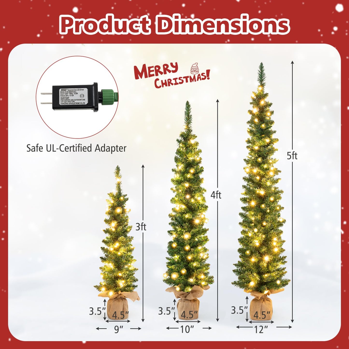 Goplus 3' 4' 5' Pre-Lit Artificial Christmas Tree Set of 3, Slim Pencil Xmas Trees with 415 Green Branch Tips, 230 Warm White LED Lights, Burlap Base, for Holiday Party Seasonal Office Home Decor