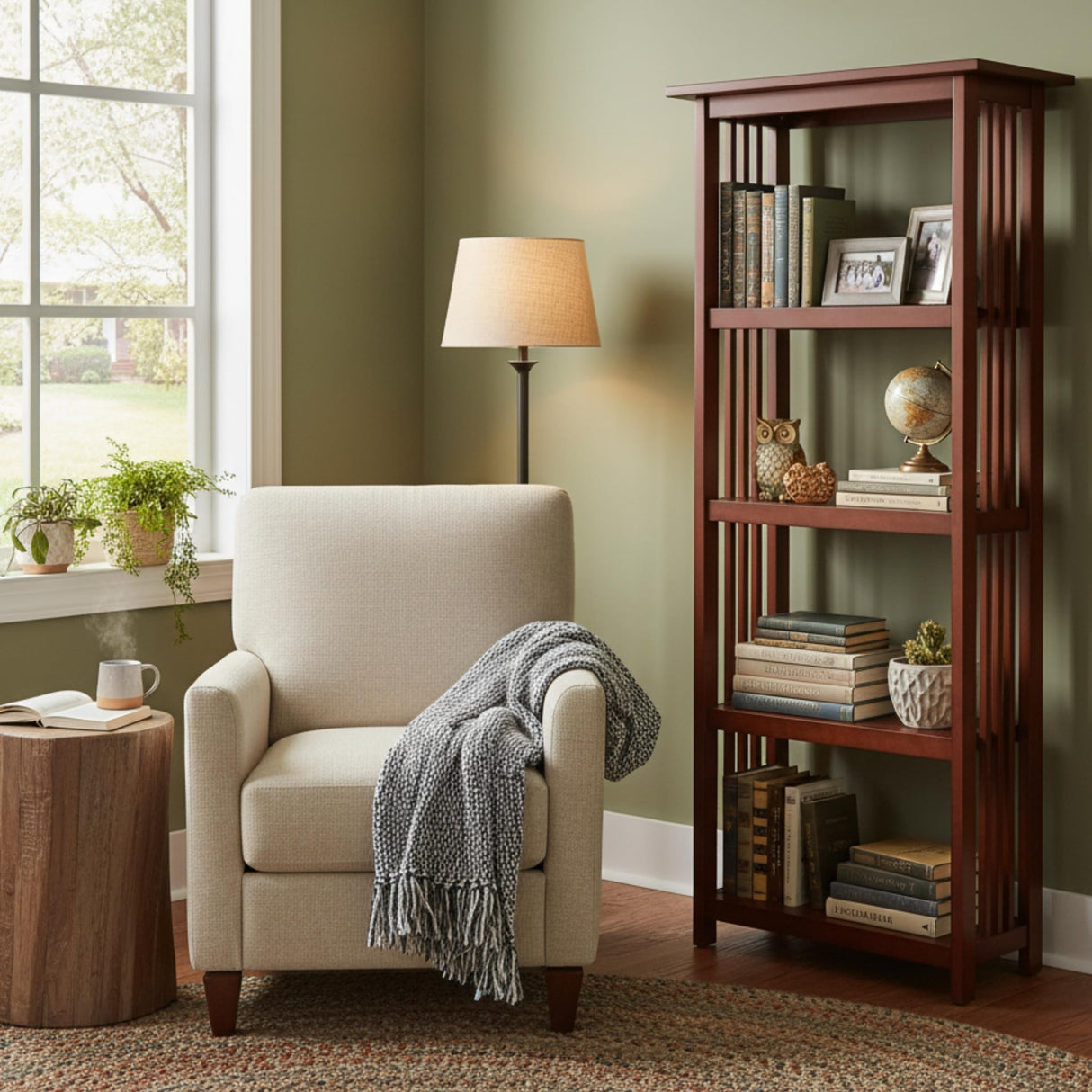 Mission 60-Inch Tall Wood Bookcase – 4-Tier Bookshelf with 2 Adjustable Shelves – Craftsman Style Vertical Storage for Living Room or Home Office by Alaterre Furniture (Cherry Finish) Alaterre Furniture
