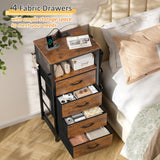 EnHomee Nightstand Set of 2, Night Stand with Charging Station & LED, Bedside Table with Fabric Drawers and Storage Shelf, Sturdy Steel Frame, Wood Top, Cloth Bags, Hooks, Brown EnHomee