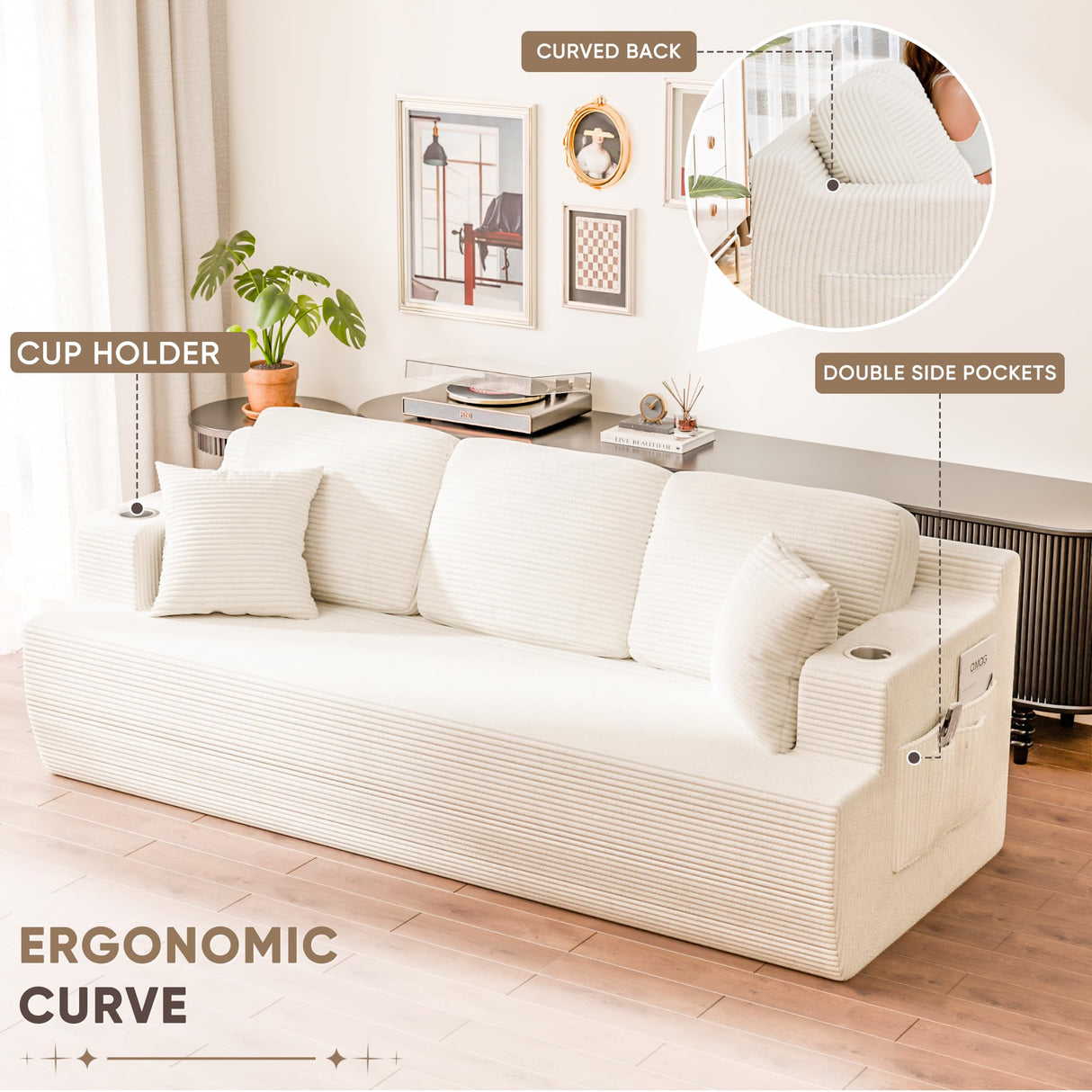 Homall 87” Boneless Sofa Couch with 2 Pillows Extra Deep Seats, Corduroy Fabric 3 Seater with Cup Holder & Storage Pocket Upholstered Floor Easy Installation (White, 3 Seater) Homall