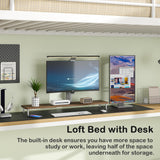 VECELO Metal Loft Bed Twin Size with Desk, Heavy Duty Bedframe with Removable Ladder and Safety Guardrail, Space-Saving, Noise Free, No Box Spring Needed, Off White VECELO