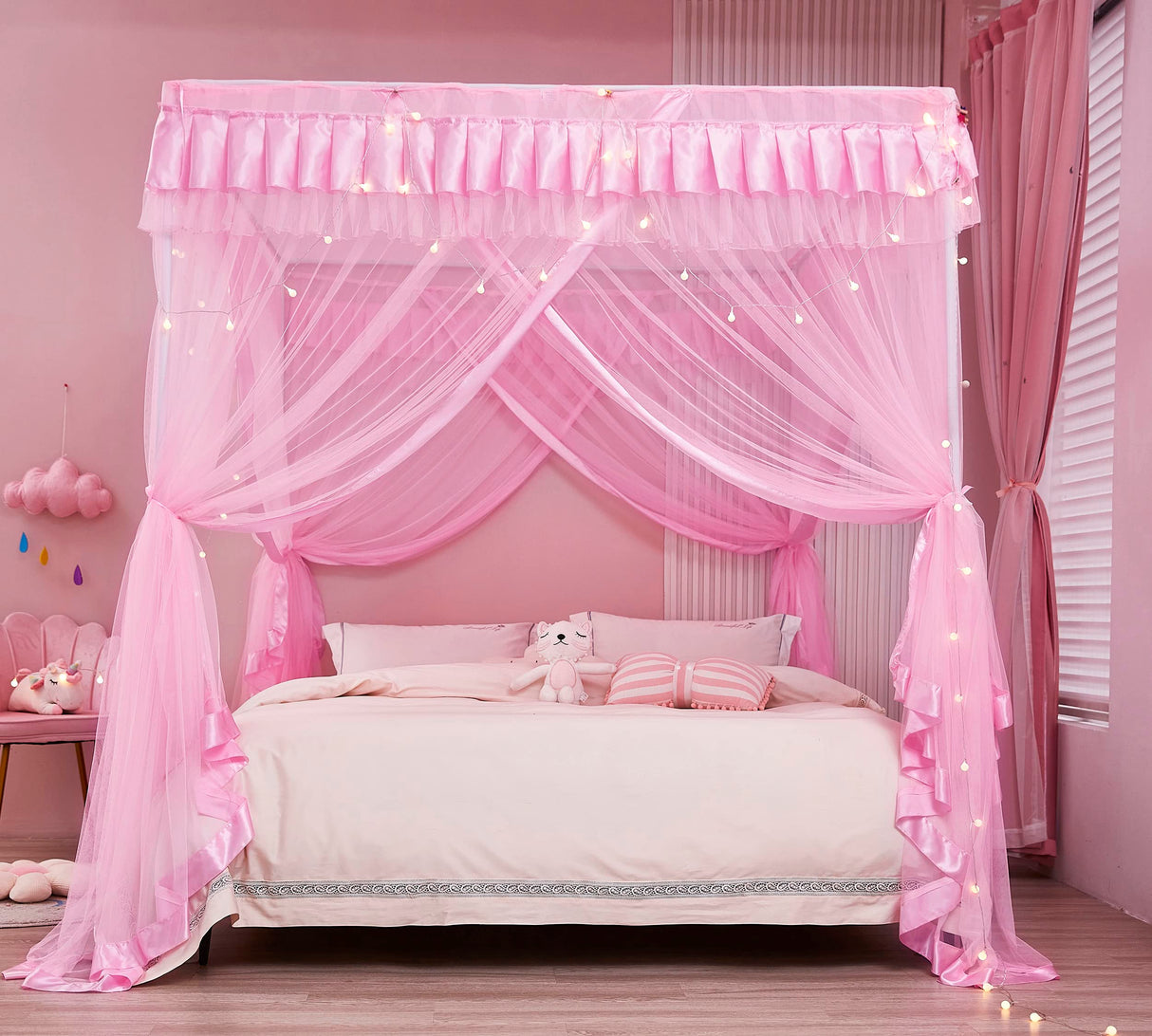 Mengersi 4 Corners Post Canopy Bed Curtains for Girls Full Size - Royal Luxurious Cozy Drape Canopy Bed Frames Netting for Kids Adults- Cute Princess Bedroom Decoration (Pink) Mengersi