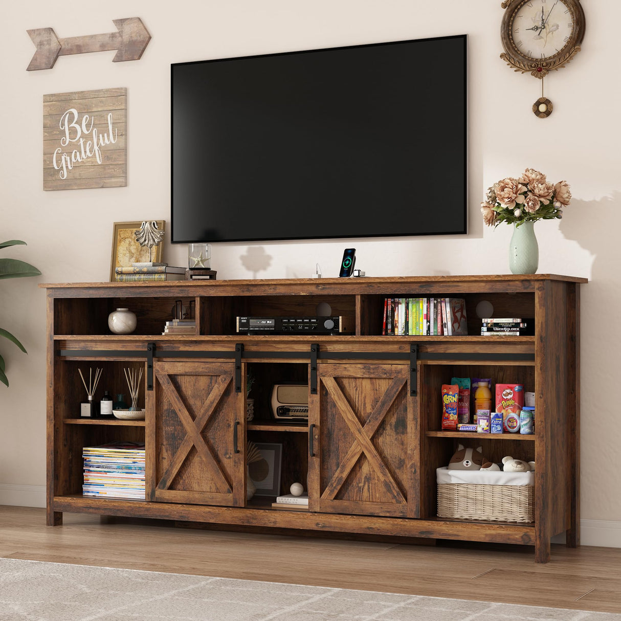 70" LED Farmhouse TV Stand for 80/75/70 Inch TVs,Tall Entertainment Center Storage Cabinets w/Power Outlets and Sliding Barn Door,Rustic TV Stands for Living Room,Media Console Cabinet (Brown) Hlivelood