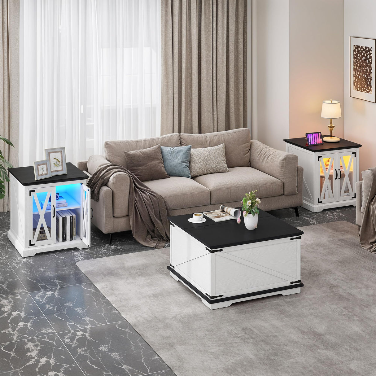 YITAHOME 3-Piece Farmhouse Living Room Table Sets, Coffee Table and 2Pcs End Side Table, Wood Center Table with Large Hidden Storage，Sofa Side Table with Charging Station and LED Lights, White YITAHOME