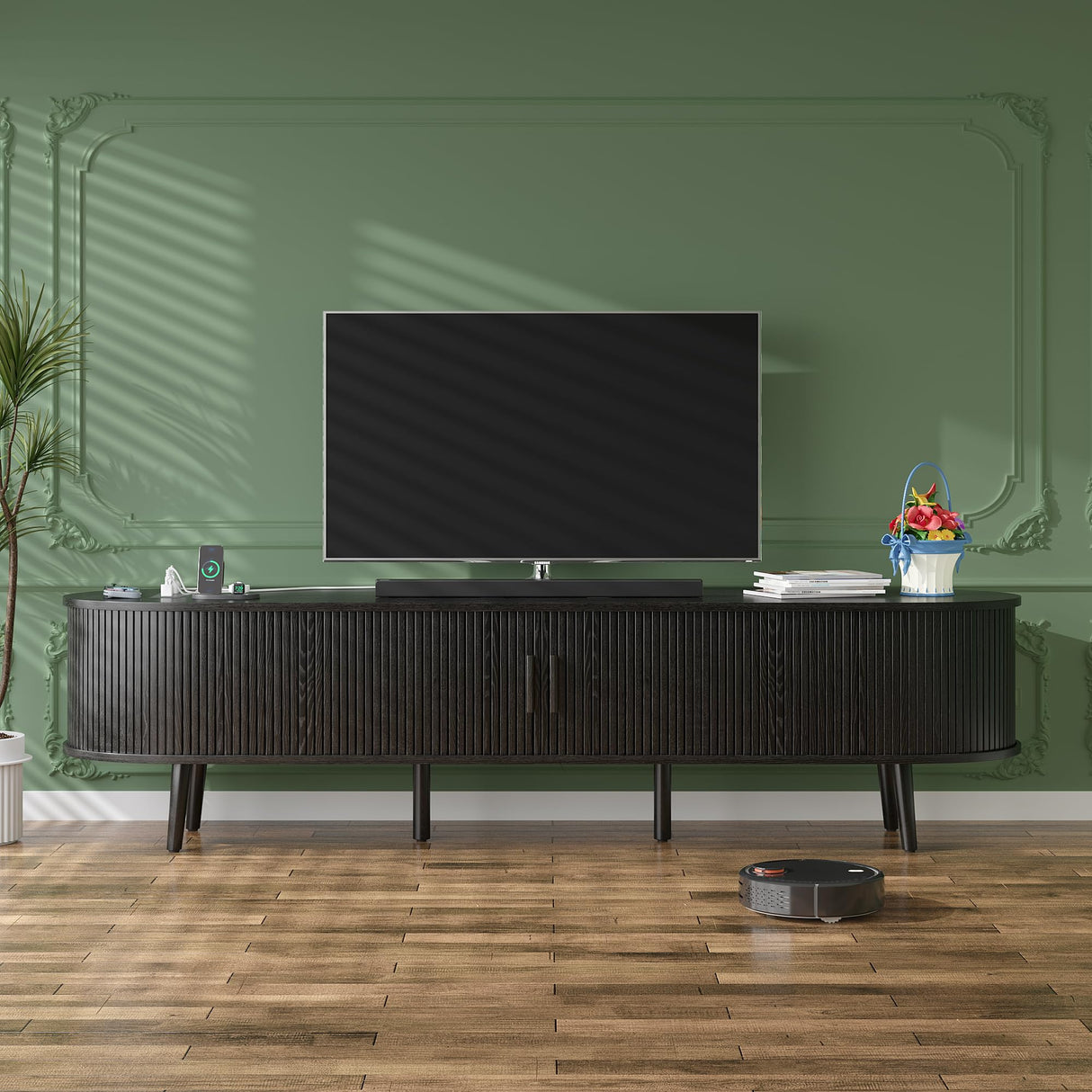 Mid Century Modern TV Stand for 75/65/55 inch TV, Farmhouse TV Stand with Charging Station, Fluted Entertainment Center with Storage and Sliding Doors, TV and Media Consol for Living Room, Black, 69" Syvella