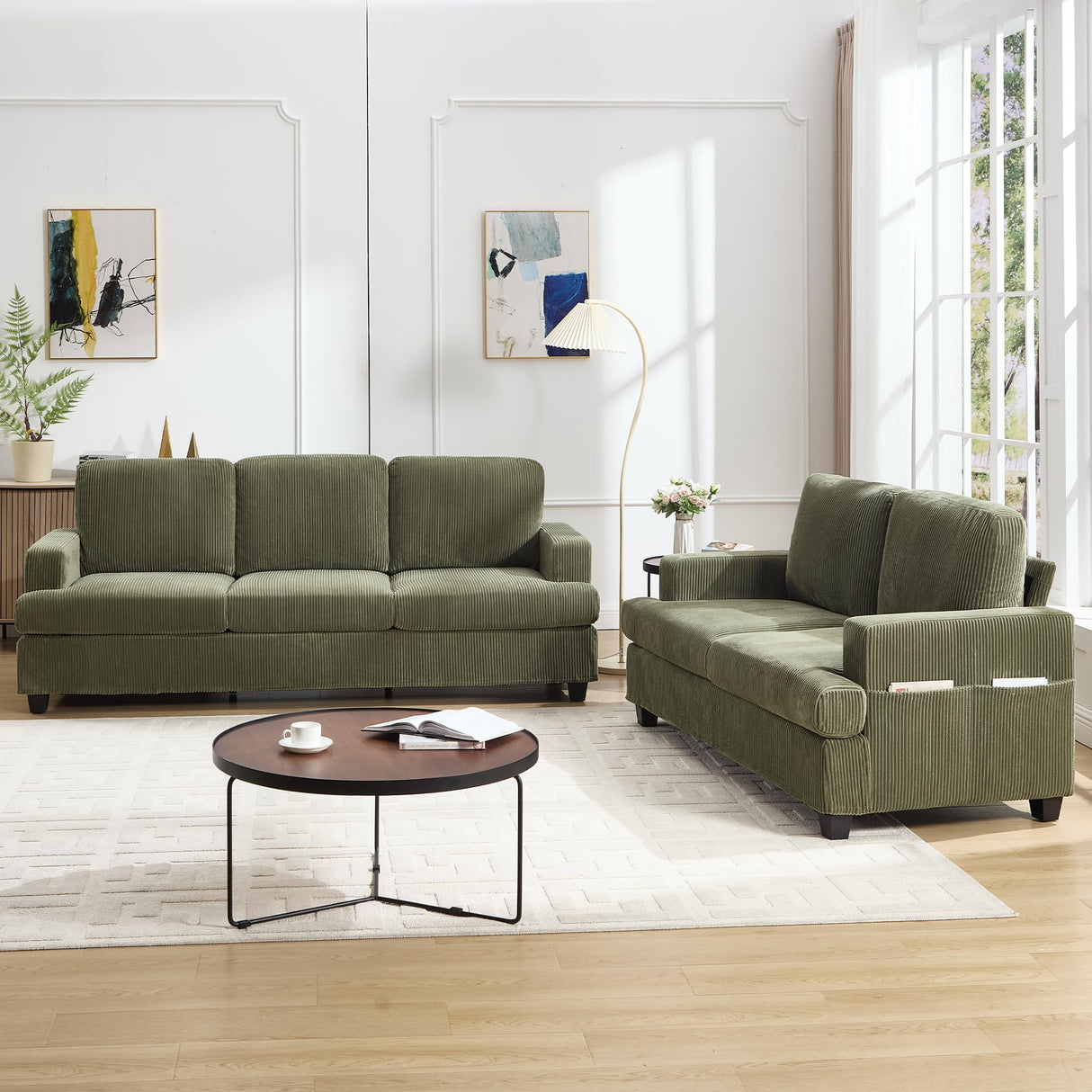 HOMYKA Loveseat Sofa, 60" Corduroy Couch with Side Pocket, Removable Pillow and Cushion Cover 2 seat Couches, Comfy Modern Small Couch for Living Room, Small Spaces, Dorms, Office, Green HOMYKA
