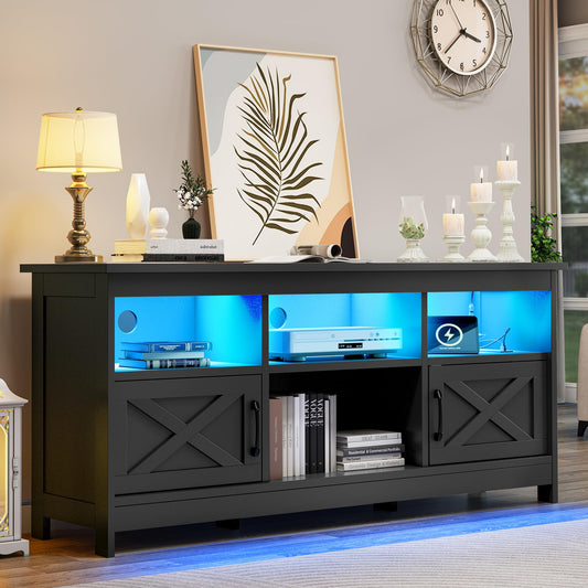 YITAHOME Farmhouse TV Stand with Power Outlet, Entertainment Center, LED Light Media Console, Simple TV Cabinet for Living Room or Bedroom, Black 59 Inch