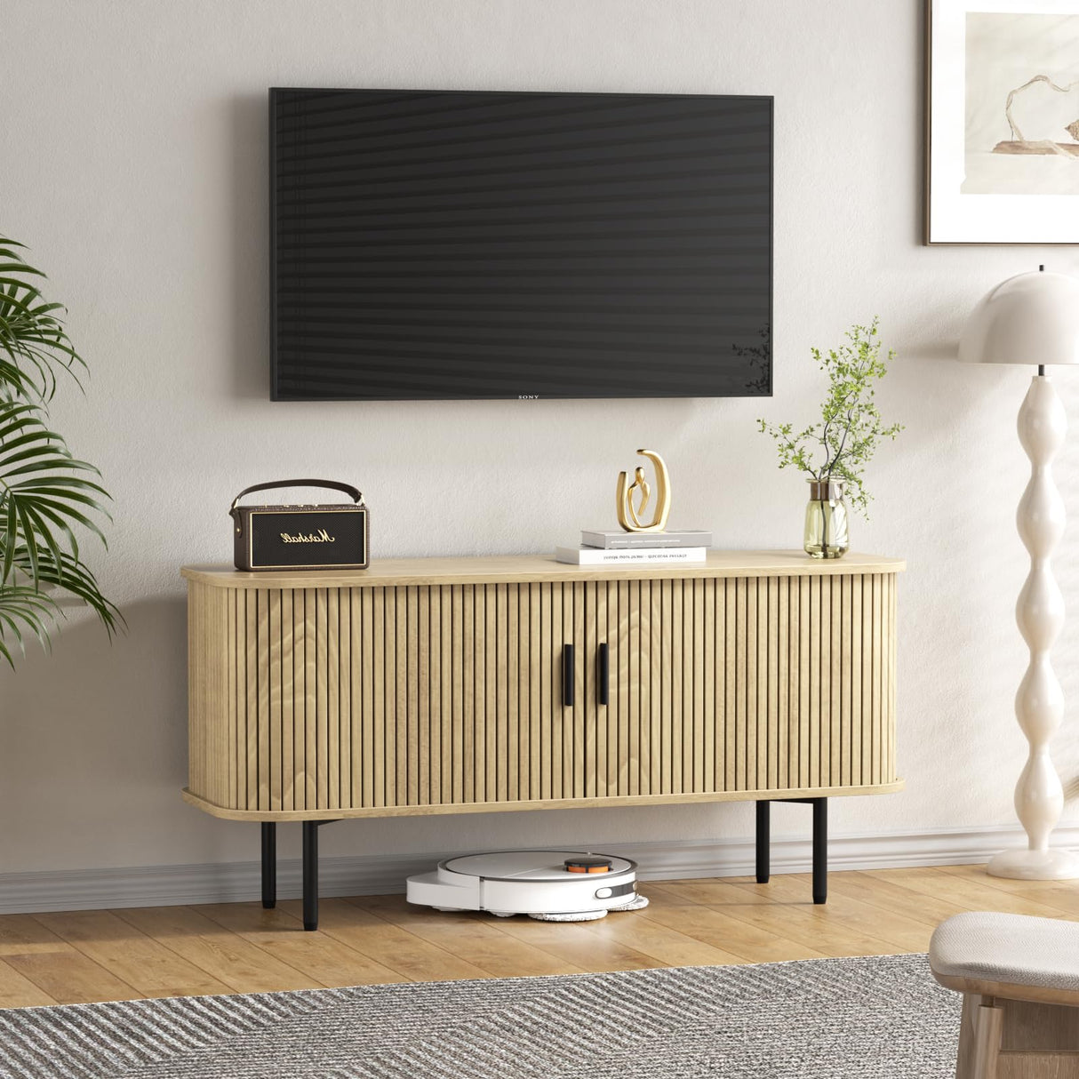 47''W Natural Storage Cabinet, Media Console, Tambour TV Stand, Television Stands with Curvy Edge & Sliding Door, Fluted Cabinet, Buffet Sideboard, Credenza, Table Stand for Living Room, Kitchen FiveWillowise