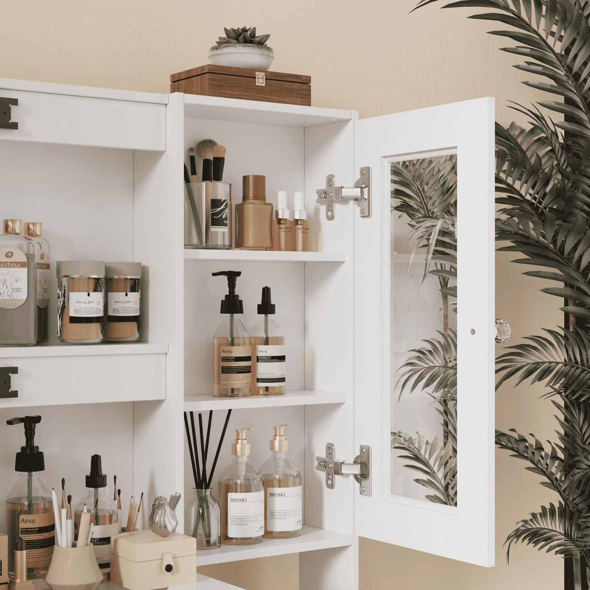 PAKASEPT Vanity Desk with Sliding Mirror and Lights, 44" Makeup Vanity Table with Glass Top, 5 Drawers, Storage Cabinet, 2 Hidden Storage Shelves, Charging Station & Stool Set for Bedroom, White PAKASEPT