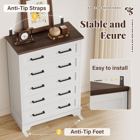 Furmax Farmhouse Dresser for Bedroom, 5 Drawers Dresser, Wood Chest of Drawers, 31.5" Wide Storage Dressers Organizer for Bedroom, Living Room (White and Brown) Furmax