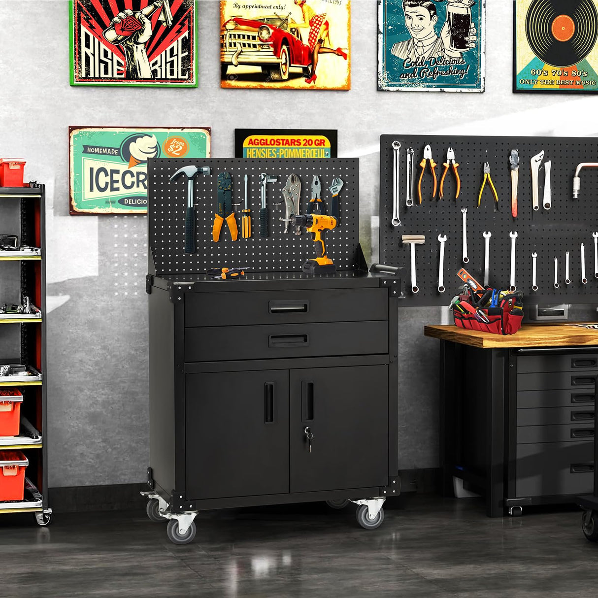 Danrelax 52" Mobile Workbench with Pegboard & Drawers - Heavy-Duty Garage Tool Bench with Lockable Storage, Cold-Rolled Steel, 4 Swivel Casters, Black Danrelax