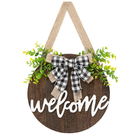 Dahey Welcome Sign for Front Door Decor 12'' Farmhouse Round Wood Wreath Wall Hanging Outdoor Home Porch Decorations for Christmas Day Winter Spring All Seasons Holiday Housewarming Gift, Brown Dahey