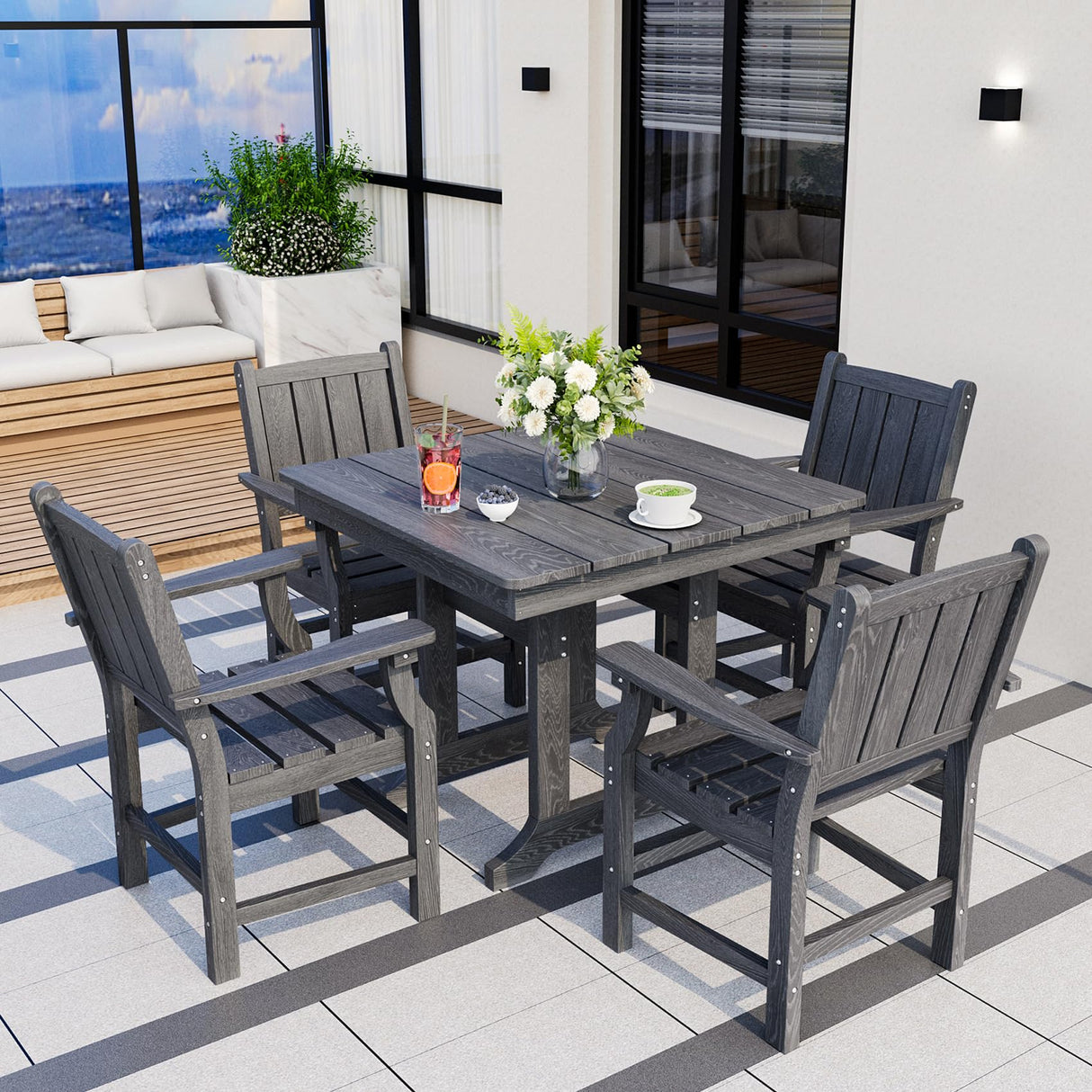 Pamapic 5 PCS Outdoor Dining Set, Spacious HDPE Outdoor Table and Chairs, Wood Grain Patio Furniture Sets with Elegant Armrest, All-Weather Patio Dining Table with Umbrella Hole, Gray Pamapic