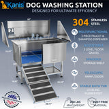 KANIS Professional Dog Washing Station - 304 Stainless Steel Pet Wash Sink & Grooming Bathtub w/Shower, Floor Grates and Storage for Large, Medium & Small Pets (50", Shelf - Left Ramp) KANIS