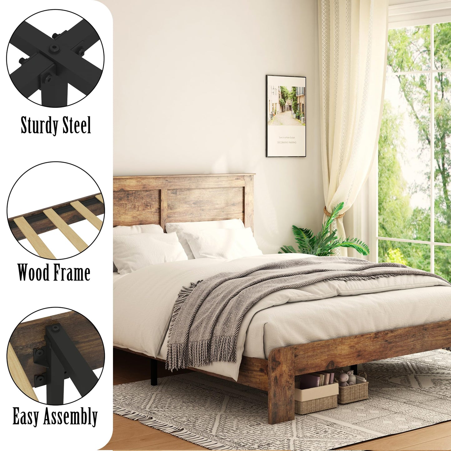 SAMTRA Rustic King Size Wooden Bed Frame with Headboard and Wood Slat Support - WoodArtSupply