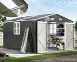 AMERLIFE 10x12x7 FT Galvanized Steel Storage Shed with 2 4-Pane Windows Hinged Double Doors, Outdoor Shed for Backyard, Garden, Patio, Dark Grey/White AMERLIFE