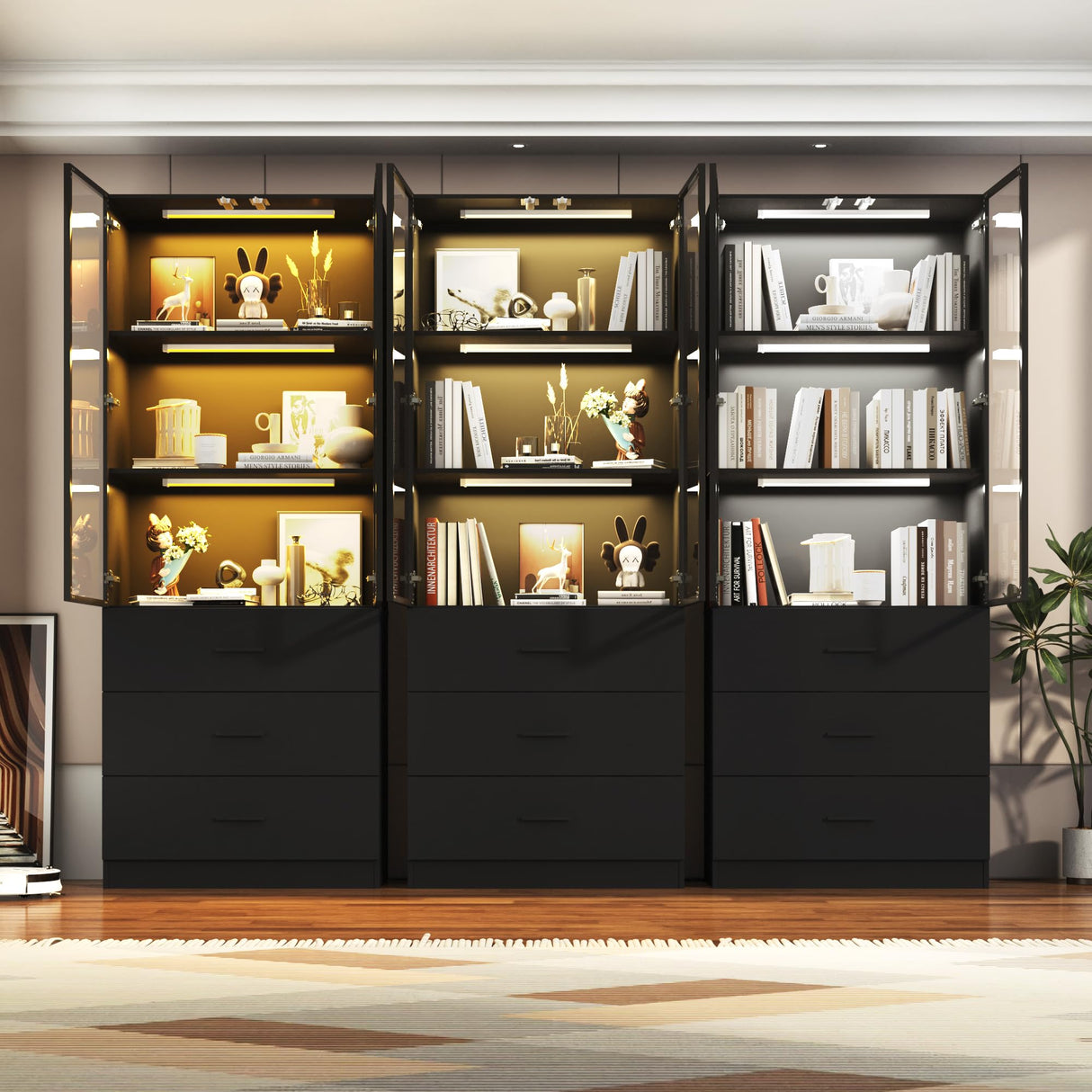 chartustriable 79" Tall Display Cabinet with LED Sensor Light & Pop-up Glass Doors & Drawers, Modern Bookcase Curio Storage Cabinet for Bedroom, Living Room, Office, Black chartustriable
