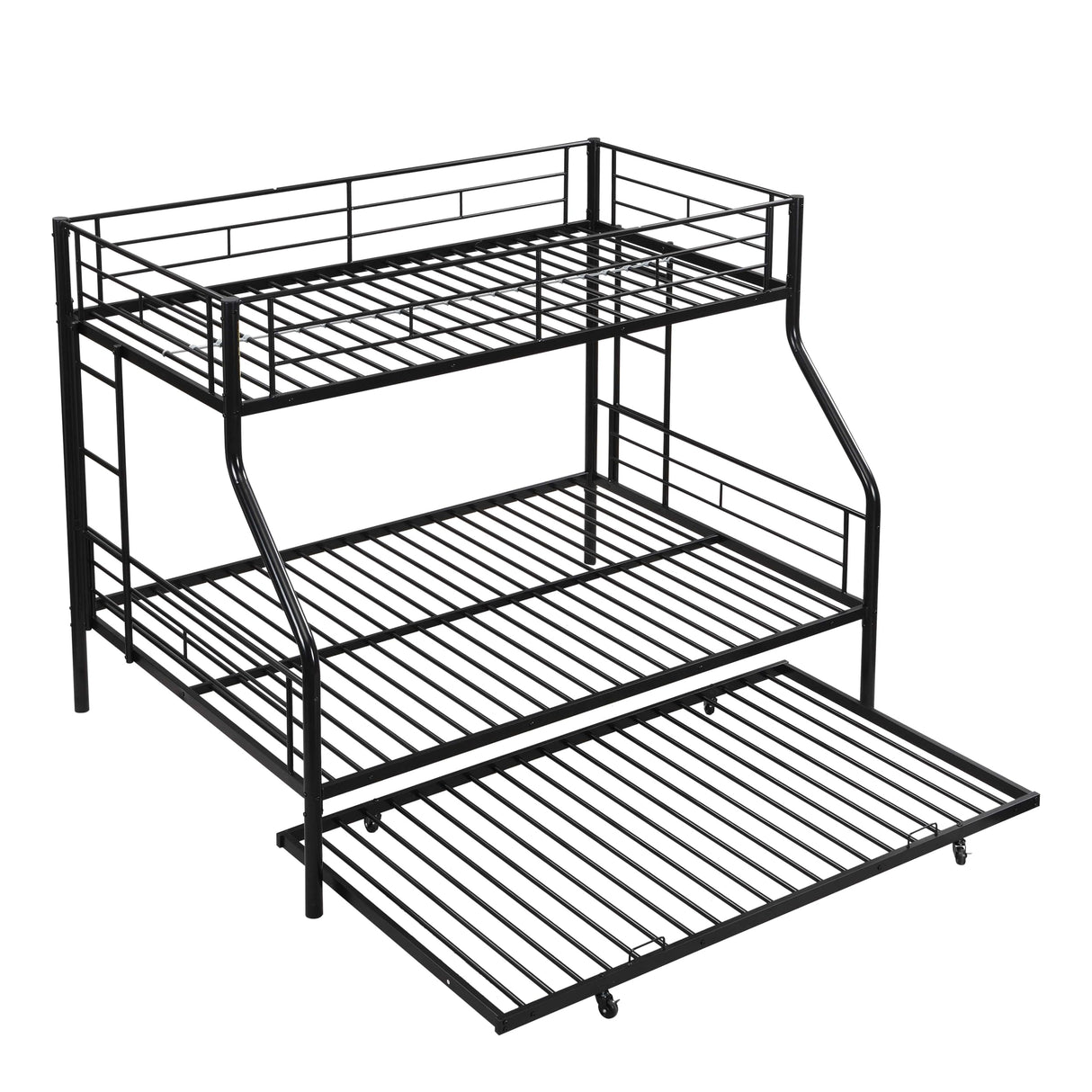 Zyerch Twin Over Full Bunk Bed with Trundle, Metal Bed Frame Bunkbeds Twin Over Full for Kids Adults with 2 Ladders & Guardrail, Noise Free Easy to Assemble, Black Zyerch