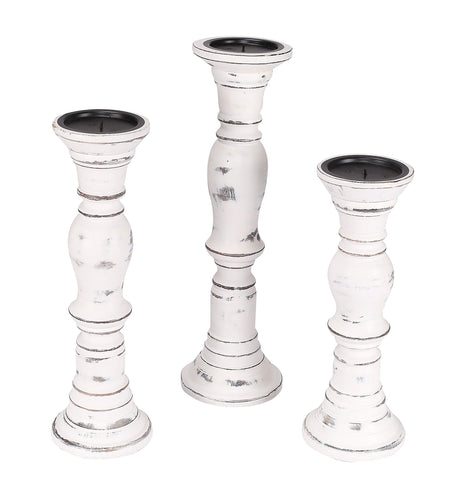 Candle Stands Wooden for Pillar Candles,Rounded Turned Colums, Sustainable Woods, Country Style, Idle for Reiki, Aromatherapy, Votive Candle Garden Home décor - 16,14,12 Inch Set of 3 - White Antique The Wooden Town