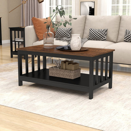 ChooChoo Farmhouse Coffee Table, Black Living Room Table with Shelf, 40 Inch ChooChoo
