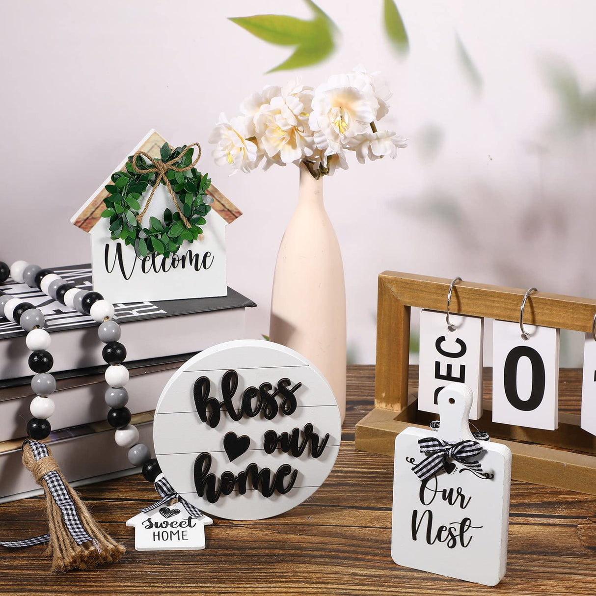 4 Pieces Farmhouse Tiered Tray Decor Set Including House Farmhouse Sign Wooden Small Items Plaid Wood Bead Garland for Home Decor(Simple Style) Yookeer