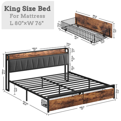 LIKIMIO King Size Bed Frame, Storage Headboard with Charging Station, Platform Bed with Drawers, No Box Spring Needed, Easy Assembly, Vintage Brown and Gray