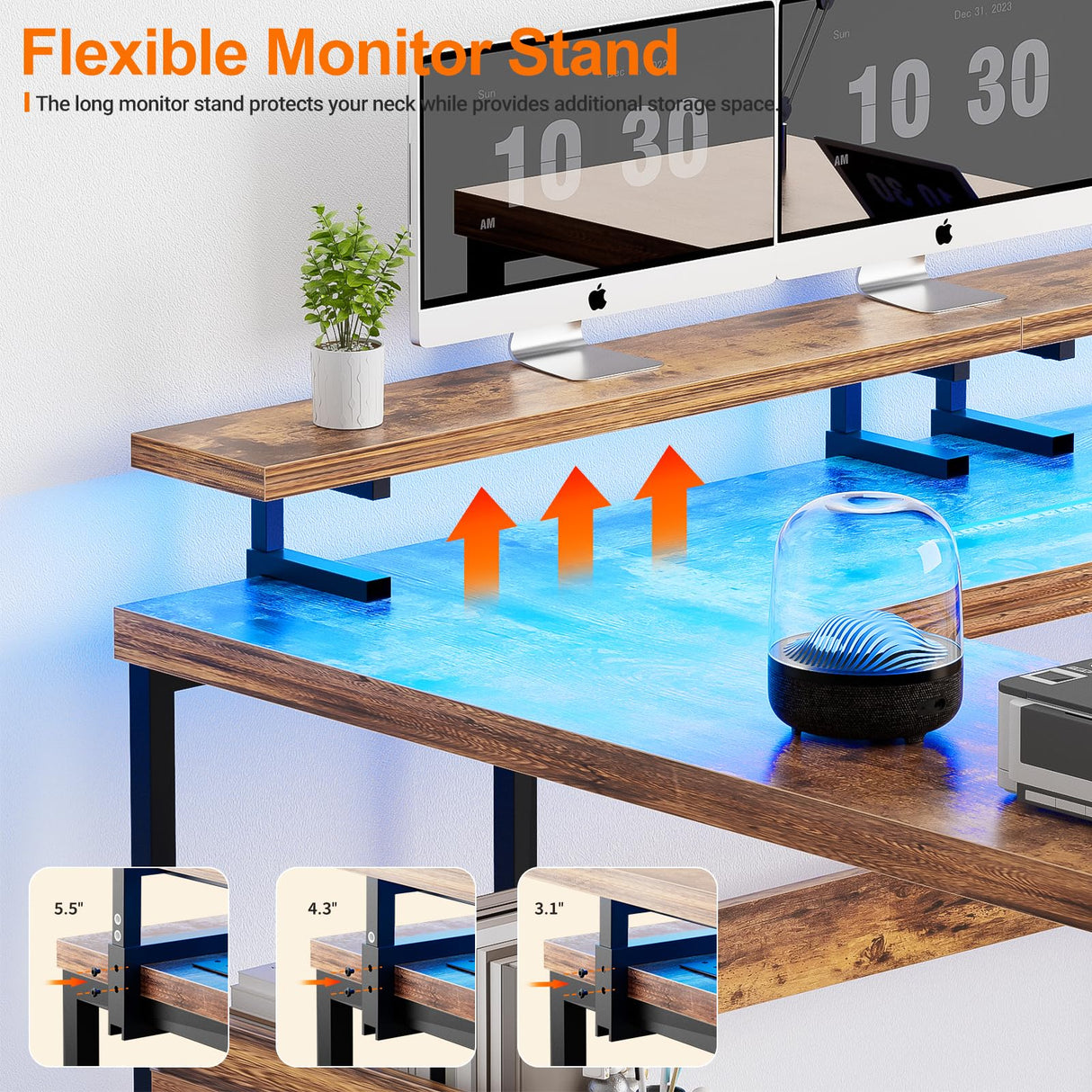 iSunirm U Shaped Office Desk, Customizable L Shaped Computer Desk with Adjustable Monitor Stand & Power Outlets & LED Strip Light, Sturdy Reversible Gaming Desk with Storage Shelves, Rustic Brown iSunirm