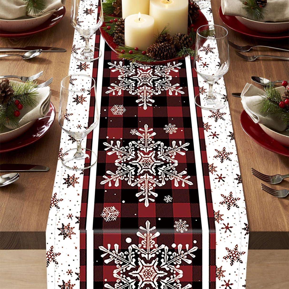 Niviy Snowflakes Christmas Table Runner with Buffalo Plaid, Winter Xmas Holiday Kitchen Dining Table Decoration for Indoor Outdoor Home Party Decor 13 x 72 Niviy