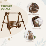Outsunny 2-Seat Porch Swing with A-Frame Stand, Wooden Log Patio Swing Chair Bench with Wagon Shaped Armrests for Garden, Poolside, Backyard, Carbonized Brown Outsunny
