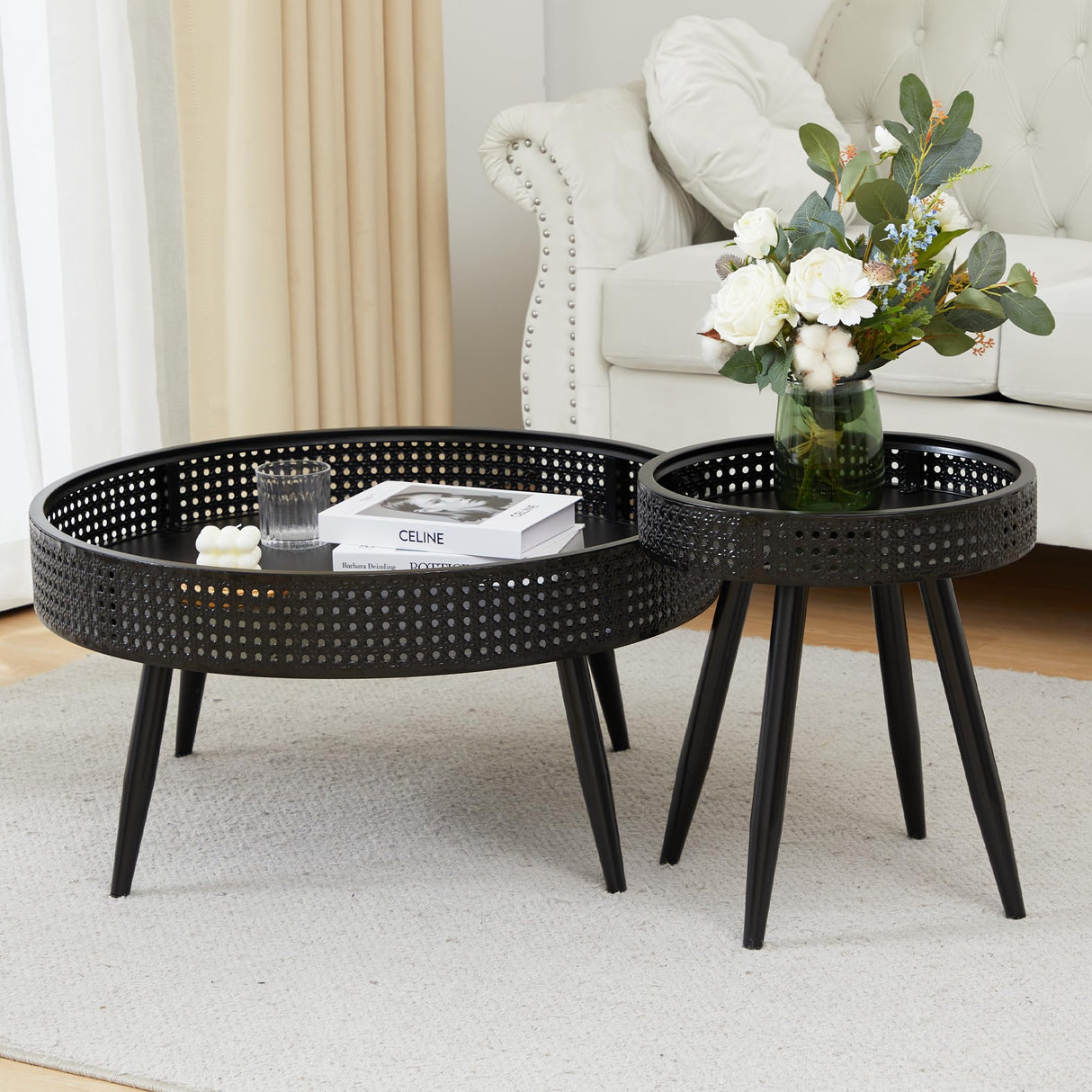 Modern Farmhouse Round End Table Set of 2,Iron Rattan Coffee Table with Hidden Storage Basket,29.1” Nesting Side Table for Living Room,Balcony,Patio,Swimming Pool (Black) FurSch