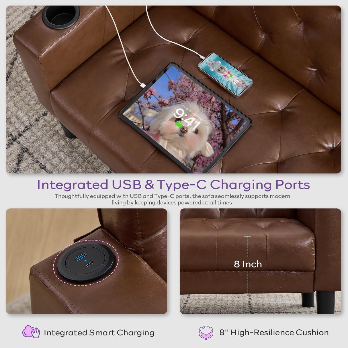 TYBOATLE 62" W Leather Loveseat w/Chairs, 3 Piece Sofa Sets for Living Room w/ 2 USB Charger Ports and 2 Cupholders, Living Room Furniture Sets of 3 (3, Brown) TYBOATLE