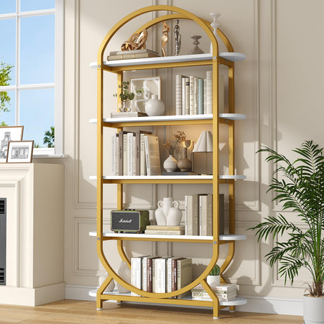 Semoic Tall Bookshelf Arched Bookcase, Modern 5-Tier Book Shelves with Storage Organizer - Industrial Curved Freestanding Open Display Shelving Unit for Living Room, Library, Home Office, Gold Semoic