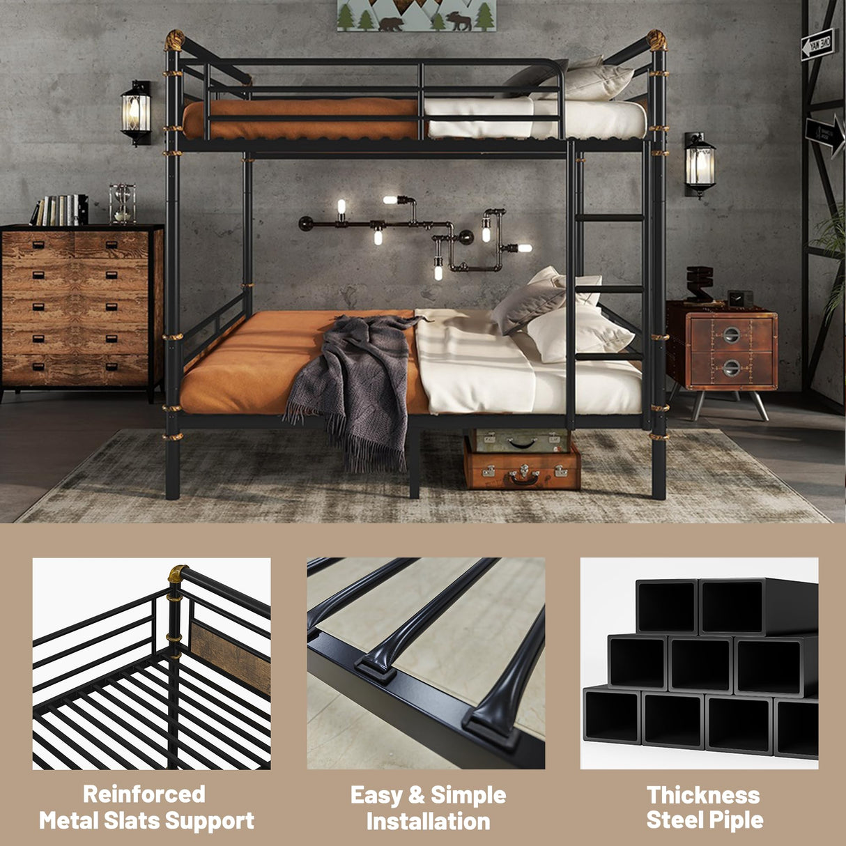 OYUMOENTS Queen Over Queen Bunk Bed, Convertible Bunk Bed for Teens & Adults, Metal Bed Frame with Safety Rails and Ladders for Apartments, Bedroom, Space-Saving,Noise Reduced, Black OYUMOENTS