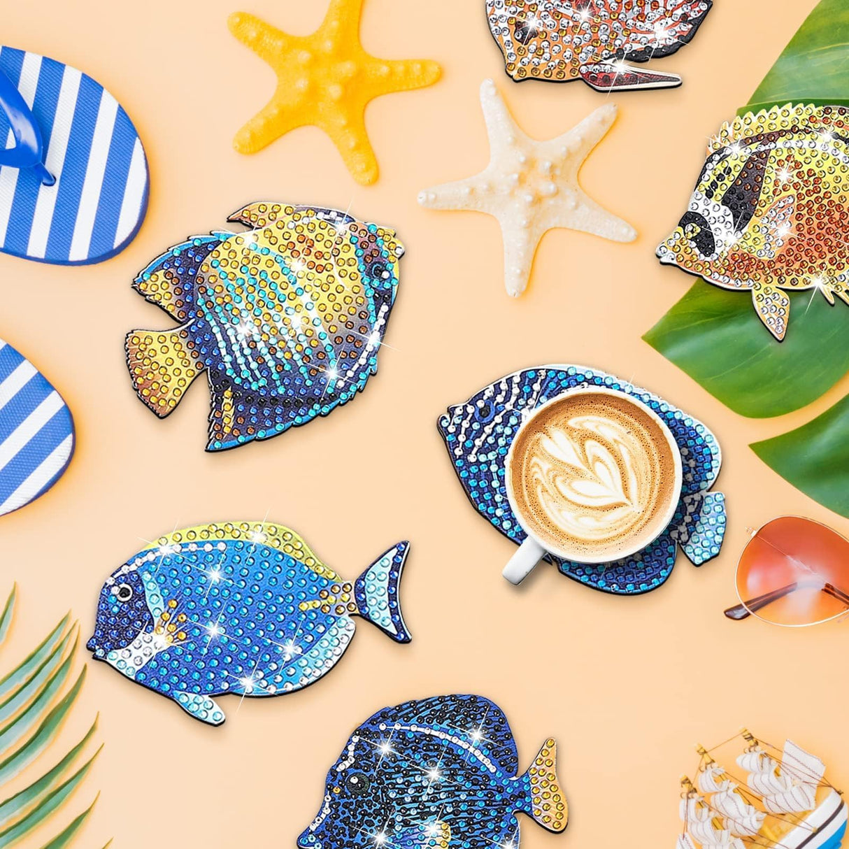 YLOLUL 10 Pcs Summer Fish Diamond Art Coasters Tropical Fish Shape Diamond Art Kits DIY Coasters with Holder for Beginner Adults Kids Craft Supplies Gift YLOLUL