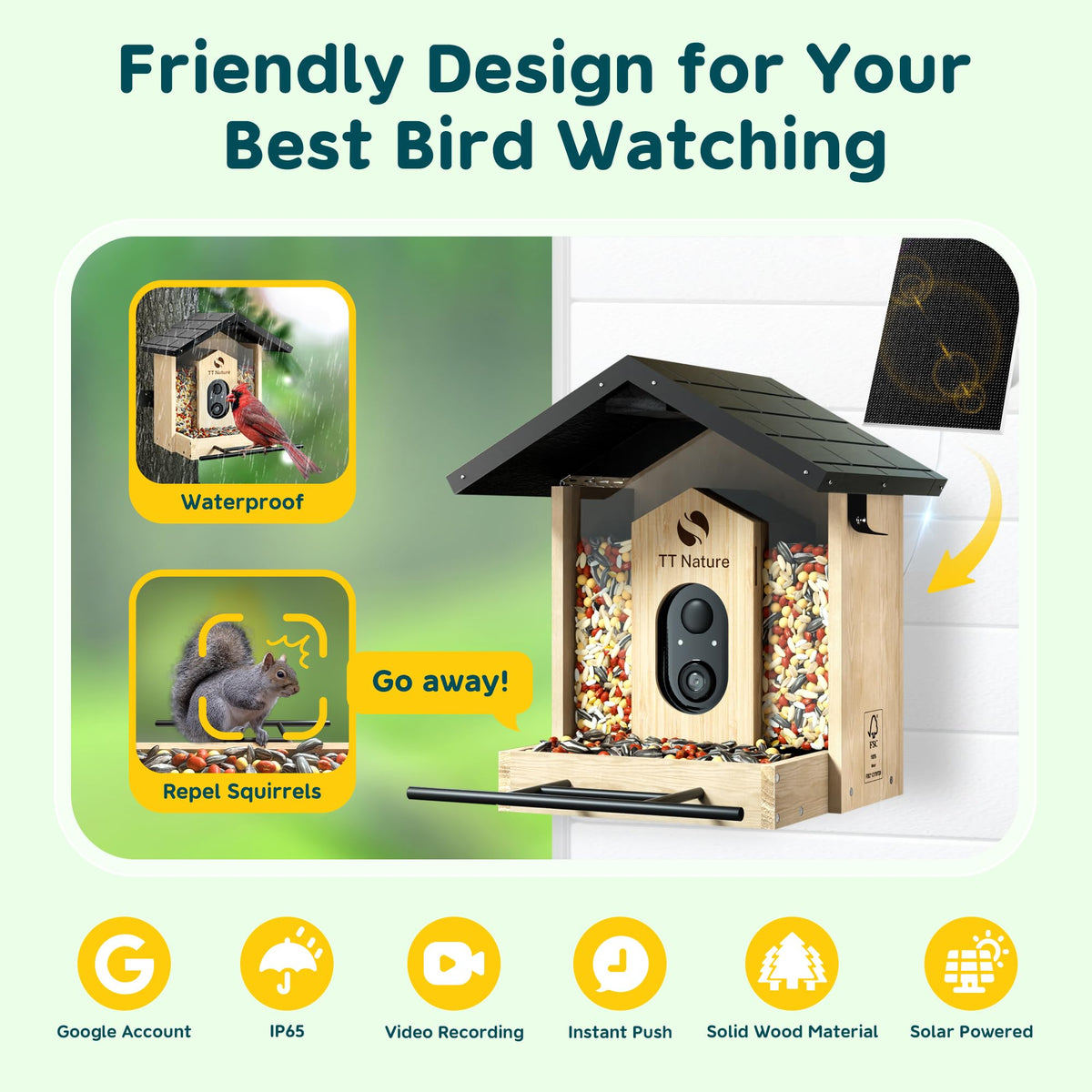 TT Nature Bird Feeder with Camera Solar Powered, Upgraded 1.5L Smart Bird Feeder Camera for Bird Watching, Auto Capture & Instant Real-time Notifications, Ideal Gift for Bird Lovers TT Nature