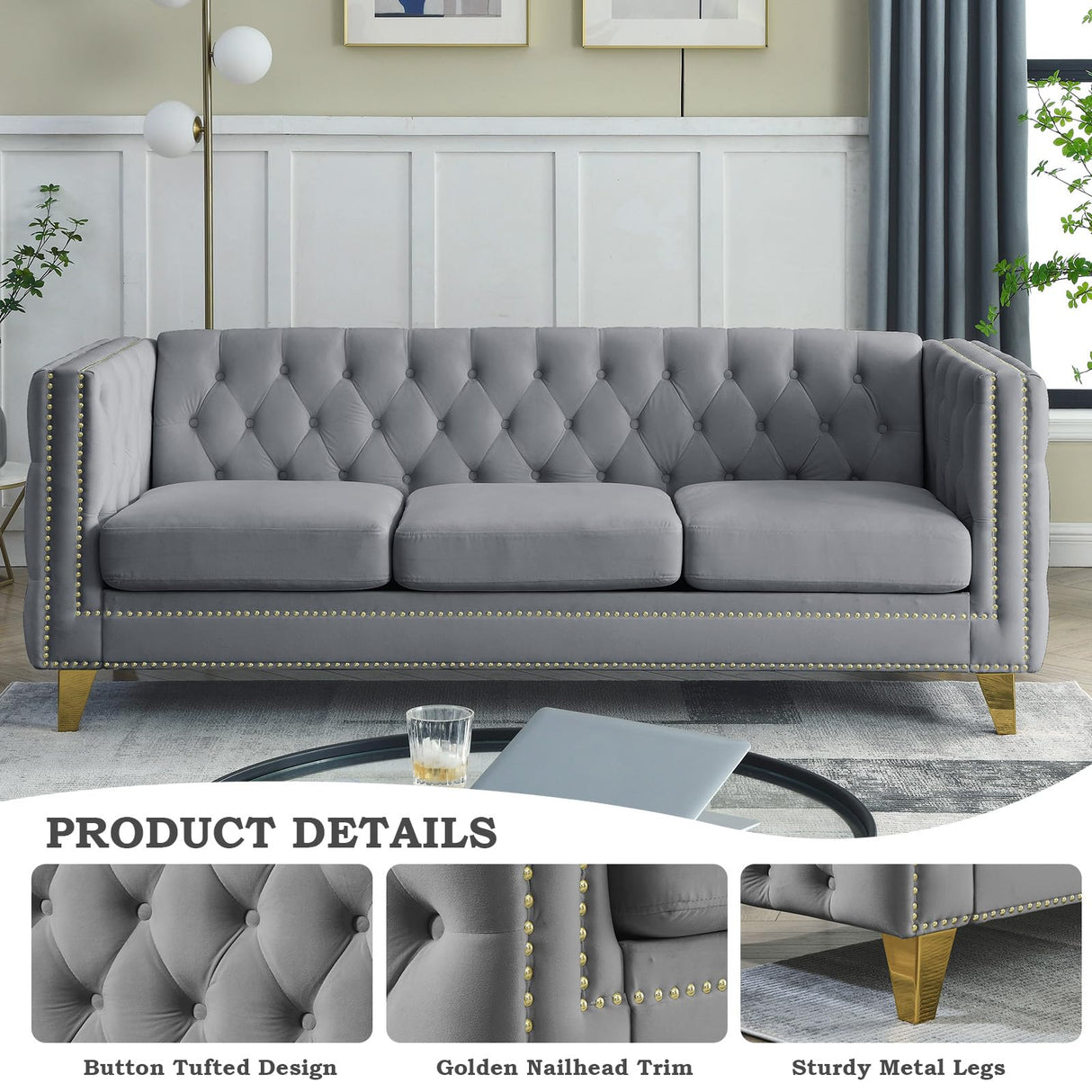 JEEOHEY Chesterfield Sofa Set,2 PCS Oversized Velvet Sofa,2/3 Seater Deep Seat Sofa,Modern Couch Chair with Button Nailhead,Upholstered Futon Couches,Furniture for Living Room,Bedroom,Office(Grey) JEEOHEY