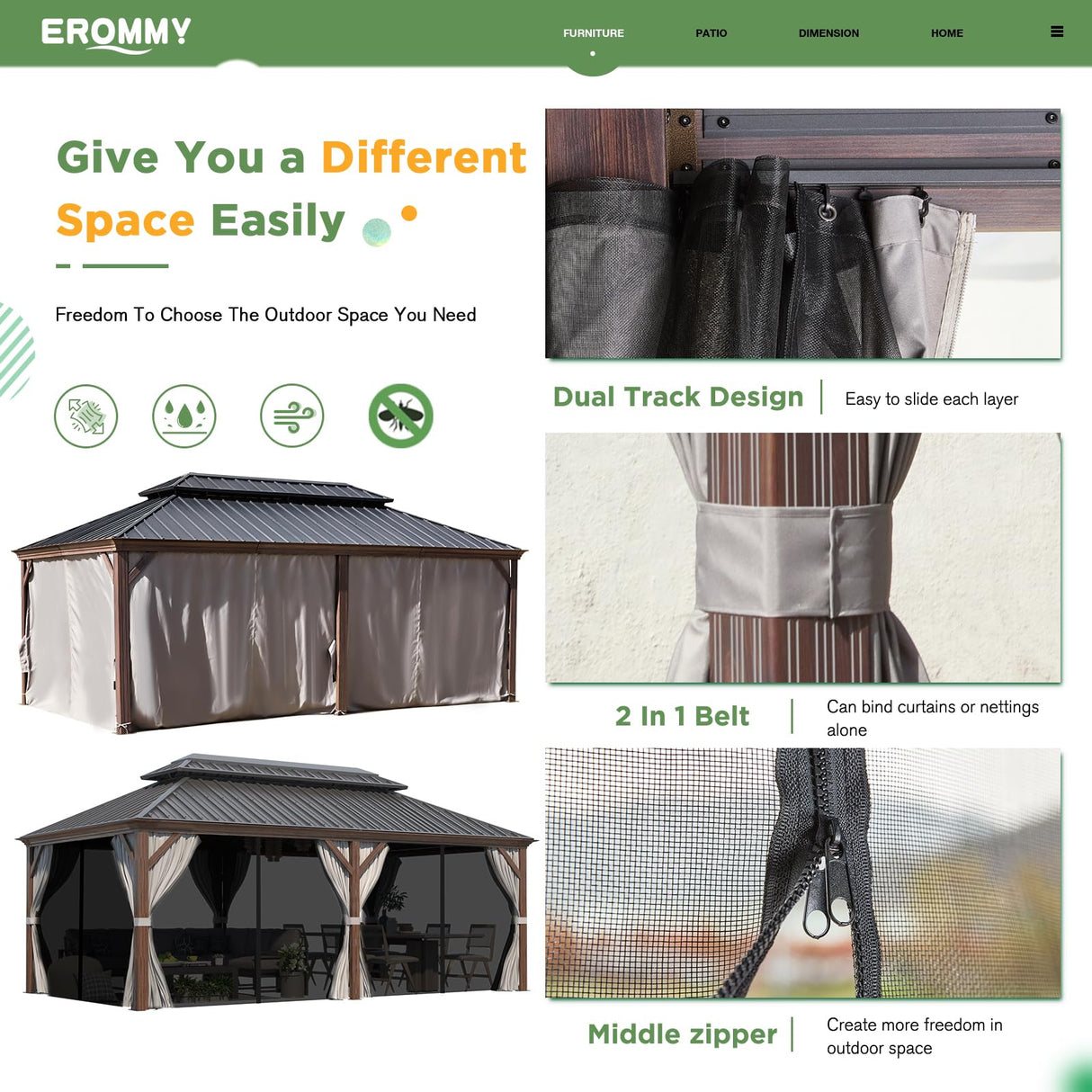 EROMMY 12' x 20' Hardtop Gazebo, Wooden Finish Coated Aluminum Frame Canopy with Double Galvanized Steel Roof, Outdoor Permanent Metal Pavilion with Curtains and Nettings for Patio,Garden, Backyard EROMMY