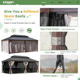 EROMMY 12' x 20' Hardtop Gazebo, Wooden Finish Coated Aluminum Frame Canopy with Double Galvanized Steel Roof, Outdoor Permanent Metal Pavilion with Curtains and Nettings for Patio,Garden, Backyard EROMMY