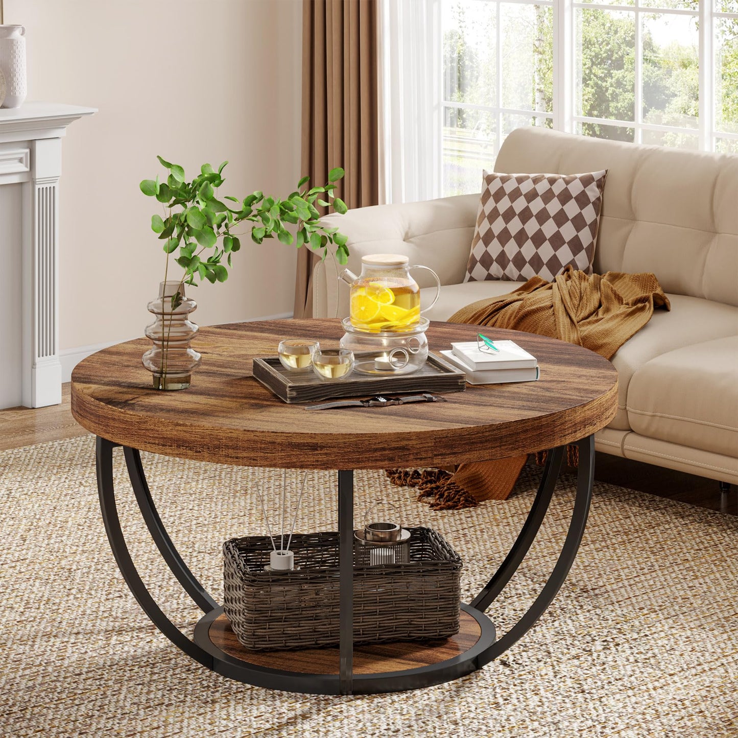 Tribesigns Round Coffee Table, Industrial 2-Tier Circle Coffee Table with Storage Shelves, Modern 31.7" Wooden Accent Center Table for Living Room, Home Office, Rustic Brown - WoodArtSupply