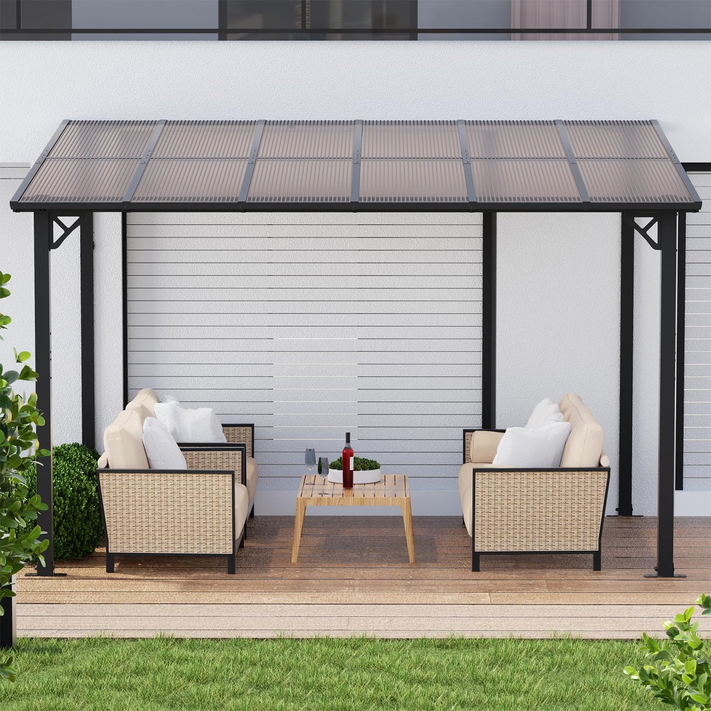 EBE 12' x 12' Wall Mounted Gazebo, Hardtop Lean to Gazebo Pergola with Sloped Roof, Gazebo Awning for Patio, Deck, Backyard