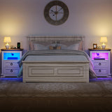 YITAHOME Farmhouse Nightstand with Charging Station, 2 Drawers Night Stand for Bedroom, LED End Table Side Table w/Open Shelf, Set of 2, Off White+Walnut Grain YITAHOME