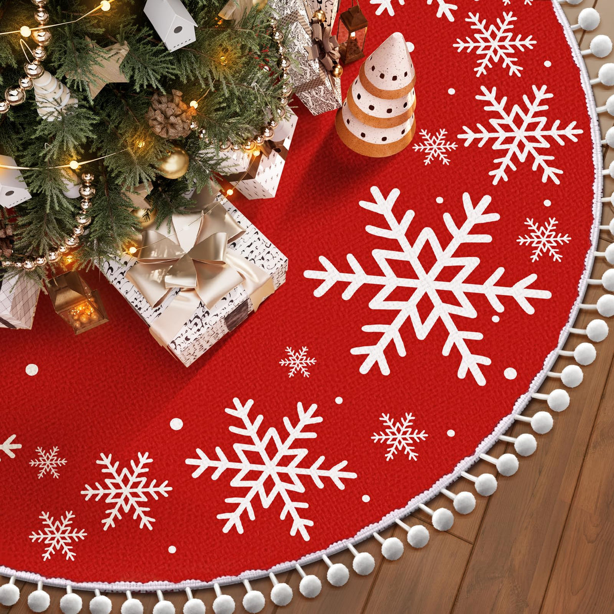 EverMerry Christmas Tree Skirt, 36 Inch Red Large Xmas Tree Skirt, Christmas Tree Skirts with White Snowflake Printed & Pom Pom Edge, Indoor Outdoor Christmas Ornaments, New Year, Holiday Decorations EverMerry